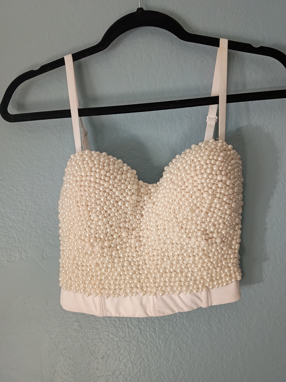 Pearl-Embellished Cream Bustier Bra Top